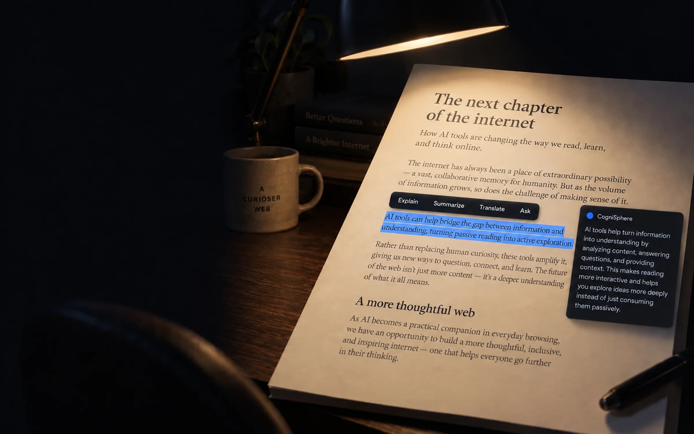 A desk lamp lighting a printed article on a dark desk. One sentence is highlighted in blue, the CogniSphere toolbar sits above it and an answer card explains it.